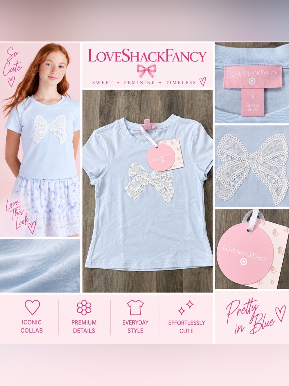 LoveShackFancy x Target Blue Lace Bow T-Shirt Size Large NWT